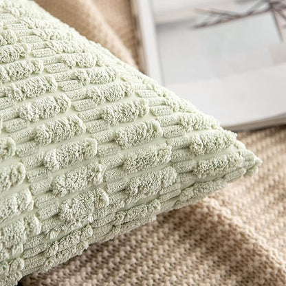MIULEE Pack of 2 Spring Corduroy Decorative Throw Pillow Covers 20x20 Inch Soft Boho Striped Pillow Covers Modern Farmhouse Home Decor for Summer Sofa Living Room Couch Bed Light Green