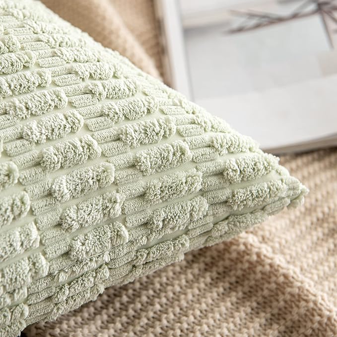 MIULEE Pack of 2 Spring Corduroy Decorative Throw Pillow Covers 18x18 Inch Soft Boho Striped Pillow Covers Modern Farmhouse Home Decor for Summer Sofa Living Room Couch Bed Light Green