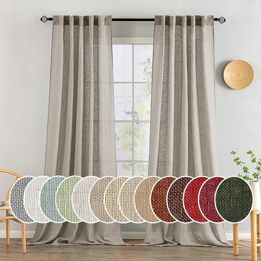 MIULEE Burlywood Birch Linen Curtains 96 Inches Long 2 Panels for Bedroom Living Room, Soft Linen Textured Window Drapes Semi Sheer Light Filtering Back Tab Rod Pocket Farmhouse Burlap Look Decor