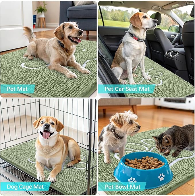 OLANLY Dog Door Mat for Muddy Paws 47x24, Paw Print Design, Absorbs Moisture and Dirt, Non-Slip Washable Doormat, Quick Dry Chenille Mud Mat for Dogs, Entry Indoor Entryway Carpet, Sage Green