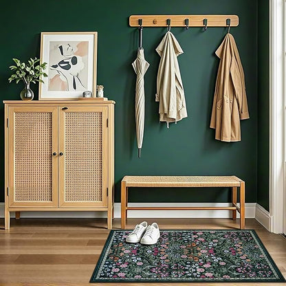 Entryway Rug 2X3 Small Rugs: Floral Washable Door Mat Vintage Soft Low Pile Non-Slip Kitchen Rugs Stain Resistant Indoor Throw Rug for Entrance, Bedroom, Kitchen, Laundry, Bathroom Dark Green