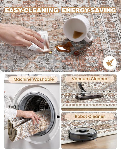 3x12 Runner Rug for Hallway, Non-Slip Long Bathroom Rugs Runner for Kitchen, Living Room, Bedroom, Soft Vintage Washable Rug for Entryway, Thin Floor Mat for Dining Room(Orange,3'x12')