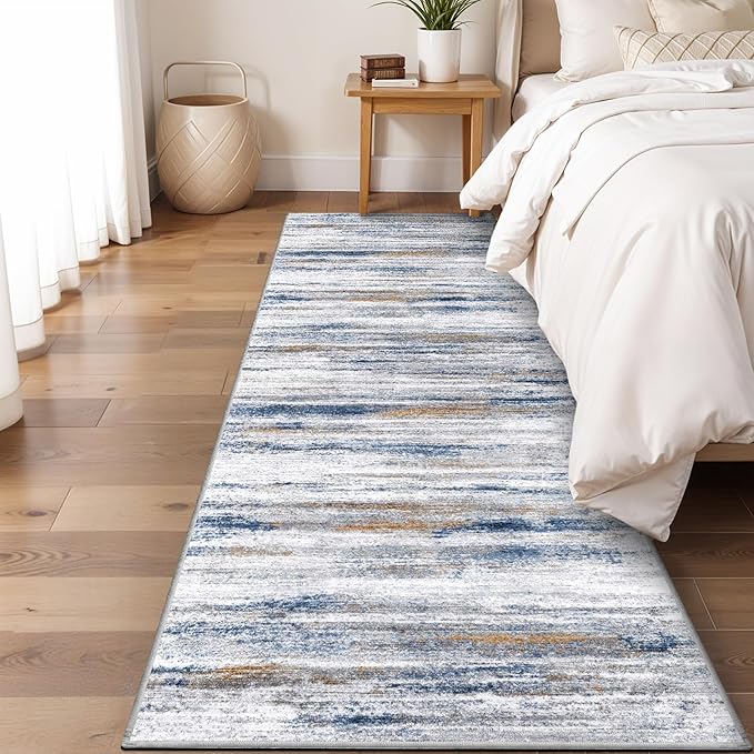 3x10 Washable Runner Rug for Family: Easy-to-Clean Runners for Hallway Entryway Bedroom - Stain and Water Resistant Rugs with Non-Slip Backing - Soft Low-Pile Carpet 10ft Navy Grey