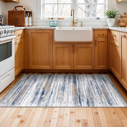 2x4 Washable Entryway Runner Rugs: Easy-to-Clean Runners for Hallway Bedroom - Stain and Water Resistant Rug with Non-Slip Backing - Soft Low-Pile Door Mat Kitchen Carpet Navy Grey