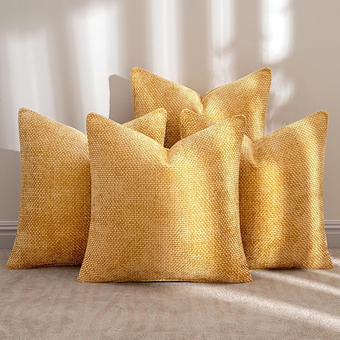 MIULEE Pack of 4 Couch Throw Pillow Covers 20x20 Inch Gold Soft Decorative Chenille Pillow Covers Farmhouse Accent Cushion Covers for Boho Spring Home Decor Sofa Bedroom Living Room