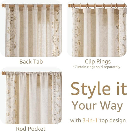 jinchan Belrose 4 Panel Curtains Set 90 Inch Length Floral Curtains Linen Blend Beige Embroidered Drapes Farmhouse Flower Patterned Drapes for Living Room Bedroom Window Treatments Set of 4