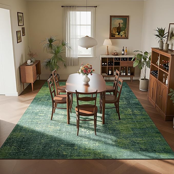 Washable Rugs 8x10 Area Rugs for Living Room-Green Modern Abstract Rugs for Bedroom,Dining Room,Large Soft Low Pile Carpet with Non Slip Rubber Backing,Neutral Accent Rug for Nursery Home Office