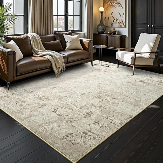 Toneed Abstract Area Rug 7x9 Modern Washable Rug Soft Non Slip Rug Low Pile for Bedroom Living Room Dining Room Beige