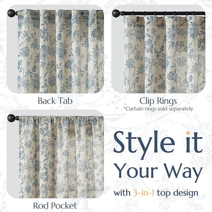 jinchan Linen Floral Curtains for Living Room with Printed Flower 96 Inches Long Light Filtering French Country Back Tab Rod Pocket Blue Window Curtain Set Farmhouse Drapes 2 Panels Blue