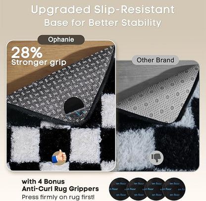 Ophanie Checkered Black & White Rug for Living Room Bedroom, Fluffy Soft Cute Fuzzy Area Rugs, Shag Plush Shaggy Bedside Floor 4x6 Furry Carpet for Kids Baby Teen Dorm Nursery Home Decor Aesthetic