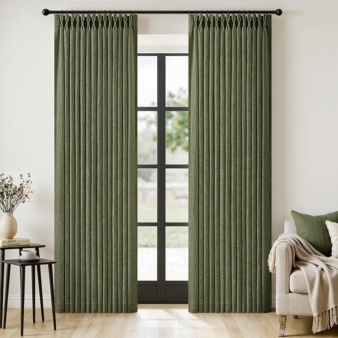MIULEE Olive Green Pinch Pleated Thick Linen Curtains 84 Inches Long 2 Panels for Living Room Bedroom, Linen Texture Memory Trained Drapes Pleat Back Tab Semi Sheer Moss Green Track System Curtains