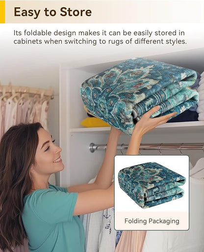 Area Rugs 7ft Washable Non-Slip, Floral Vintage Distress Print Pattern Medallion Carpet for Living Room Bedroom Dining Room, Teal Green Lake Blue Turquoise