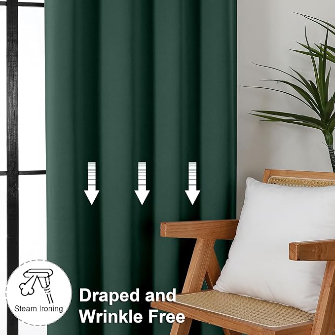 Simplebrand Ava Ever Green Blackout Curtains for Bedroom, 72 Inch Length, 2 Panels Set, Thermal Insulated, Rod Pocket, Window Curtains for Patio, French Door, W40 x L72 Inch
