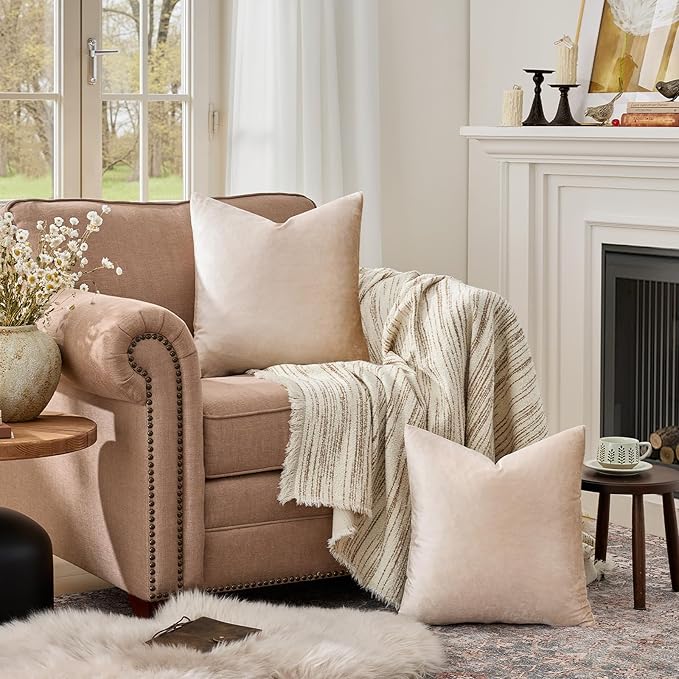 GIGIZAZA 22x22 Beige Pillow Covers: Pack of 2 Champagne Vintage Throw Pillows Super Soft Velvet Covers - Decorative Elegant Square Big Solid Cushion Covers Used for Couch,Living Room,Bedroom