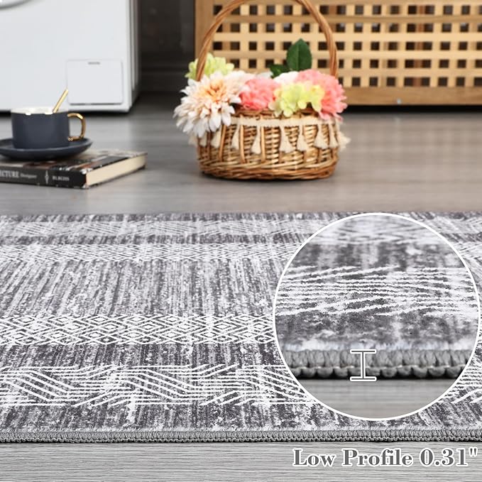 Washable 2.5x10 Kitchen Runner Rug, Easy Clean Geometri Rugs for Hallway Entryway, Indoor Outdoor Non Slip Rug Farmhouse Morden Carpet Door Mat Area Rug for Laundry Room Grey