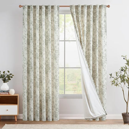 jinchan Linen Blend Floral Curtains for Living Room 90 Inches Extra Long Farmhouse Printed Curtain Back Tab Green Peony Flower Patterned Drapes Bedroom Window Curtains Set 2 Panels