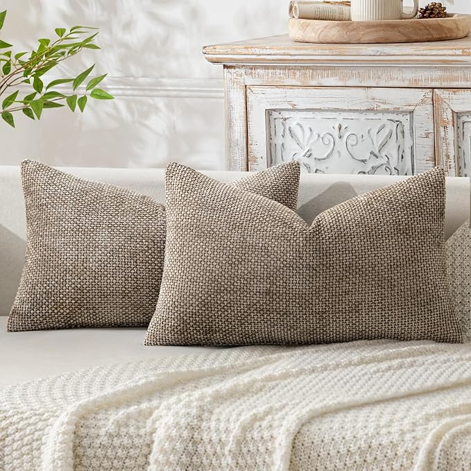 MIULEE Pack of 2 Lumbar Couch Throw Pillow Covers 20x12 Inch Neutral Khaki Modern Boho Accent Decorative Pillow Covers Soft Chenille Farmhouse Cushion Covers for Home Decor Bed Sofa Living Room