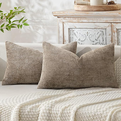 MIULEE Pack of 2 Lumbar Couch Throw Pillow Covers 20x12 Inch Neutral Khaki Modern Boho Accent Decorative Pillow Covers Soft Chenille Farmhouse Cushion Covers for Home Decor Bed Sofa Living Room