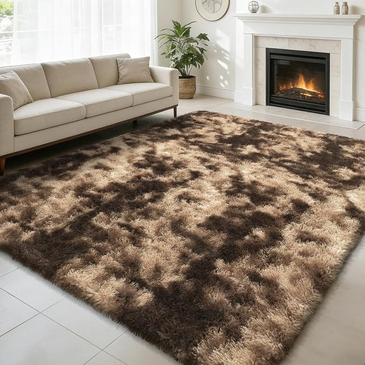 Shag Area Rug for Bedroom 4x6,Fluffy Area Rugs for Living Room,Soft Fuzzy Rug Non-Shedding Indoor Plush Carpet for Kids Bedroom Nursery Dorm Home Decor,Tie-Dyed Coffee