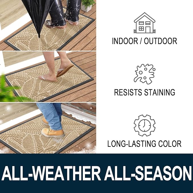 Colorxy Waterproof Doormat, Sturdy Natural Rubber Front Indoor Mat, Non Slip Low Profile Indoor Outdoor Door Mats, Stain and Fade Resistant Floor Mat, Easy Clean Patio Entrance Mat, 59''x20'', Beige