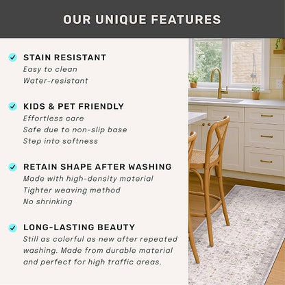 Hazo Haus Boho Light Grey Living Room Rug 10x14 - Modern Vintage Eclectic Floral Pastel Neutral Taupe, Washable Low Pile Non-Slip Extra Large Area Rugs for Dining Under Table Bedroom Lounge