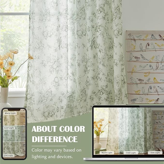 jinchan Linen Floral Curtains for Living Room 63 Inch Long Sage Green Printed Flower French Country Curtain Farmhouse Cottage Core Toile Curtains Back Tab Light Filtering Window Drapes Set 2 Panels