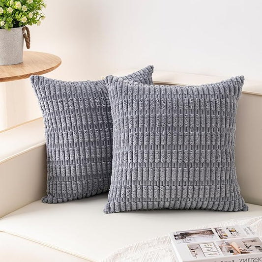 Pack of 2 Corduroy Decorative Throw Pillow Covers 20x20 InchSoft Boho Striped Pillow Covers Modern Farmhouse Home Decor for Sofa Living Room Couch Bed（Light Grey）