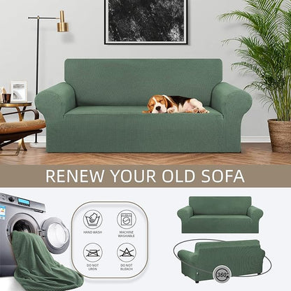 KEKUOU Stretch Loveseat Sofa Cover Slipcover,Couch Covers for 2 Cushion Couch Sofa (55"-78") Furniture Protector Sofa with Elastic Bottom for Kid,Dog. Jacquard Small Checked (Medium,Greyish Green)