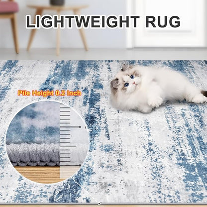 Area Rugs 9x12 Living Room - Washable Rug Modern Abstract Soft Large Neutral Non-Slip Carpet Indoor Floor Thin Carpets for Bedroom Dining Room Farmhouse Nursery Home Office White Blue Grey
