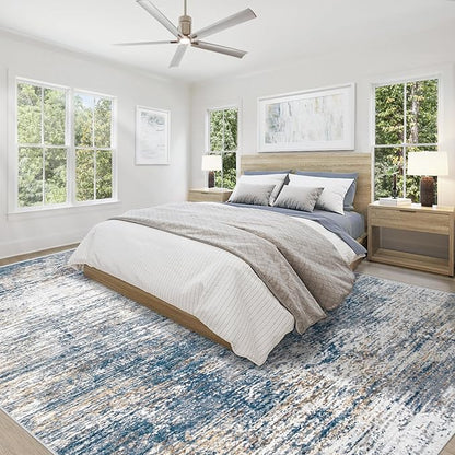 XLUEZ 9x12 Area Rug for Living Room, Washable Modern Abstract Large Area Rug Neutral Soft Non Slip Kids Rug Stain Resistant Indoor Carpet for Bedroom Dining Room Playroom Office(BlueWhite, 9'x12')