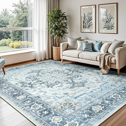 Lofus 5x7 Area Rugs for Living Room, Machine Washable Non-Slip Area Rug, Low Pile Large Rugs for Bedroom, Kitchen, Dining Room, Home Office, Vintage Oriental Print Rug, Blue Gold