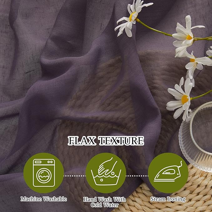NICETOWN Faux Flax Linen Sheer Curtains for Living Room, Grommet Vertical Semi Sheer Curtains & Drapes Privacy with Light Filtering for Villa/Cottage, W52 x L96, Purple Brown, 1 Pair