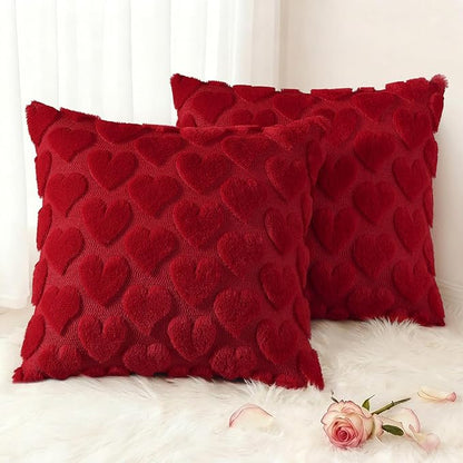 decorUhome Valentine’s Day Soft Plush Throw Pillow Covers 20x20 Inch Set of 2, Faux Fur Red Heart Decoration Neutral Square Pillow Covers for Couch Sofa Bed Cozy Farmhouse Holiday Decor