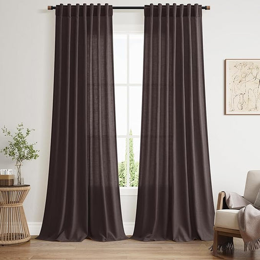 Extra Long Curtain Cocoa Coffee Morden Linen Blend Light Filtering Back Tab Curtains for Long Winodws 120 Inches Length, Semi Sheer Privacy Drapes for Living Room, 52x120 inch, 2 Panels