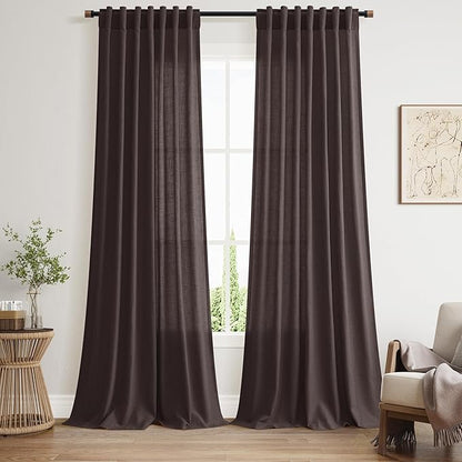 Nanspring Cocoa Coffee Linen Blend Light Filtering Back Tab Curtains 108 Inches Long, Semi Sheer Privacy Drapes for Living Room & Bedroom, 52x108 inch, 2 Panels