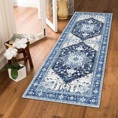 Yamaziot Washable Runner Rug, 2x5 Non-Slip Boho Vintage Hallway Rug Runner with Rubber Backing, Stain Resistant & Low Pile Faux Wool Distressed Carpet Runner for Kitchen, Laundry, Entrance, Blue