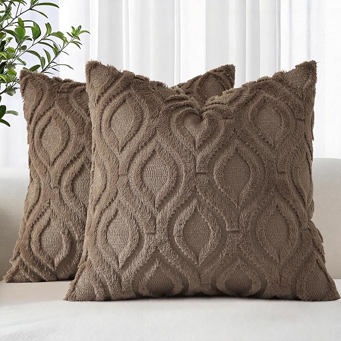 decorUhome Throw Pillow Covers 22x22 Inch Set of 2, Soft Plush Faux Wool Brown Solid Couch Pillow Covers, Accent Euro Sham Farmhouse Neutral Square Pillow Cases for Sofa Bed Living Room