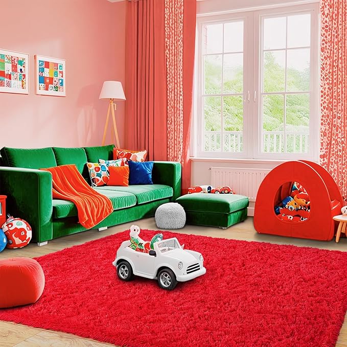 Pionblank Fluffy Area Rug for Bedroom 4x6 Feet, Shag Soft Rug for Living Room, Indoor Comfy Cute Plush Bedside Carpet for Girls Boys Room Teens Dorm Nursery Decor, Red