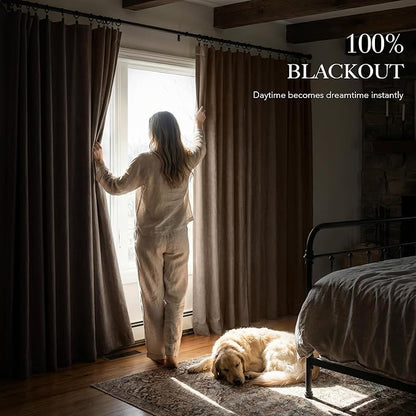 RYB HOME Coffee Linen 100% Blackout Curtains for Bedroom 52 Width 120 inch Long, Thich Luxury Extra Long Drapes for Modern/Vintage/Farmhouse Home Decor, Thermal Insulated Window Treatment, 2 Panels