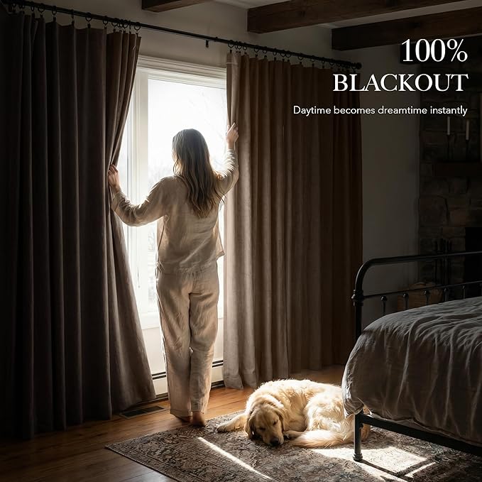 RYB HOME Coffee 100% Blackout Linen Curtains 78 inch Long, Thermal Insulated & Privacy Assurd Home Decor Drapes for Bedroom/Office/Nursery, Rod Pocket & Back Tab Window Treatment, W52 X L78, 2 Panels