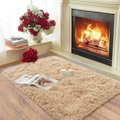 Pionblank Fluffy Small Rug for Bedroom 2x3 Feet, Shag Soft Area Rug, Modern Plush Carpet, Furry Cute Bedside Rug for Kids Girls Boys Room Nursery Decor, Camel