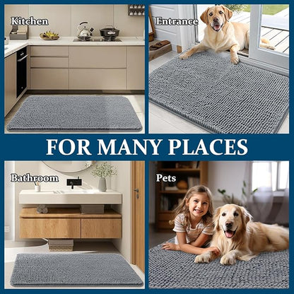 OLANLY Dog Door Mat for Muddy Paws 44x24, Absorbs Moisture and Dirt, Absorbent Non-Slip Washable Doormat, Quick Dry Chenille Mud Mat for Dogs, Entry Indoor Entryway Carpet for Inside Floor, Grey