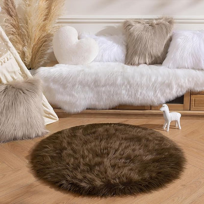 Ashler Faux Fur Rug - Fluffy Shaggy 3 x 3 Feet Sheepskin Fur, Dark Coffee Fuzzing Rug - Nursery Decor Throw for Bedroom, Living Room, Kids Room