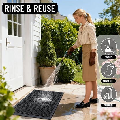 OLANLY Front Door Mat Outside Entrance 47x23, Absorbent, Heavy Duty Sturdy Natural Rubber Doormat Indoor Outdoor, Stain and Fade Resistant, Non-Slip Low Profile Floor Mat for Entryway, Black Diamond