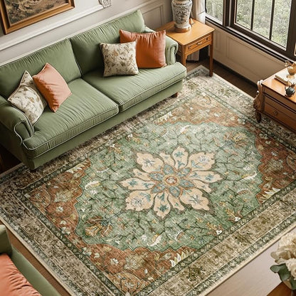 Area Rugs 8'x10' Washable Non-Slip, Floral Vintage Distress Print Pattern Medallion Carpet for Living Room Bedroom Dining Room, Brick Red Rust Neutral Brown Burnt Orange Green