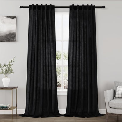 Nanspring Black Semi Sheer Linen Curtains 84 inch Length for Living Room Back Tab Rod Pocket Modern Farmhouse Coastal Decor Black Cotton Textured Gauze Curtains for Dining Room Office 38x84