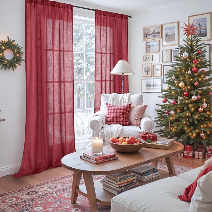 BGment Burgundy Linen Curtains 84 Inch Length for Living Room, Light Filtering Window Drapes Semi Sheer Textured with Rod Pocket for Dining Bedroom Lightweight, Set of 2, Each 42 Inch Wide