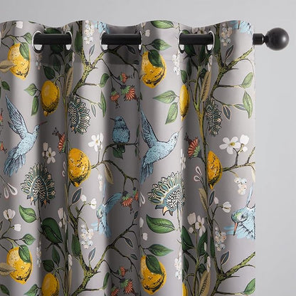 Topfinel 90 Inches Long Curtains, Gray and Yellow Moody Country Anthropologie Cabin Blackout Sun Block Floral Hummingbird Plant Lemon Patterned Grommet Damask Drapes Two Pages for Living Room Office
