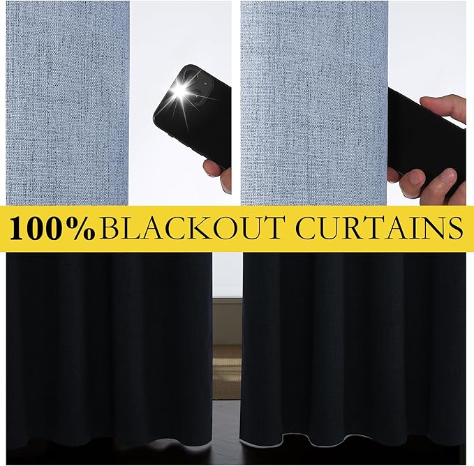 NICETOWN Stone Blue Vintage Linen 100% Blackout Curtains for Living Room, Thermal Insulated Curtains 63" Long, Noise Reducing Window Treatment Drapes for Hall Room, 52" Wide Per Panel, Set of 2