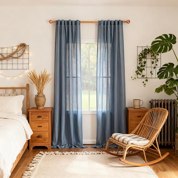 MYSKY HOME 96 Inches Semi Sheer Sliding Door Curtains Farmhouse Light Filtering Window Curtain Drapes for Patio Living Room, Extra Long Blue Linen Curtains Bohemian, 50x96, Dusty Blue, 2 Panels